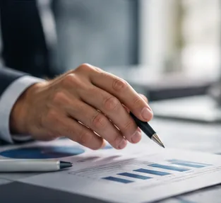 Mano con bolígrafo revisando un informe financiero